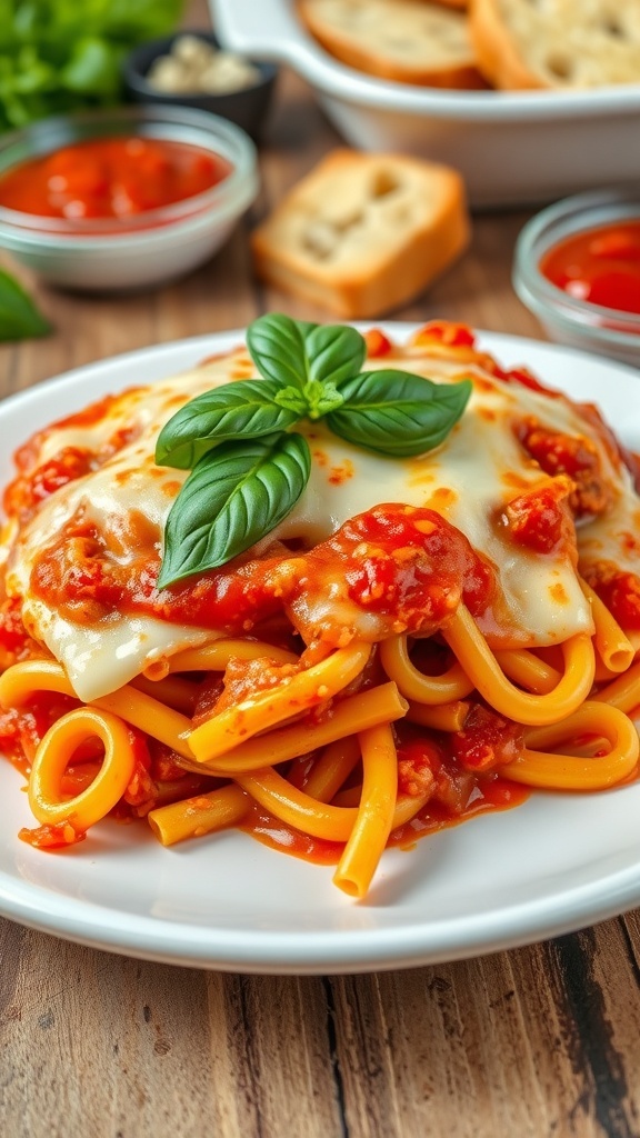 A cheesy baked ziti dish with marinara sauce and fresh basil on a rustic table with garlic bread.